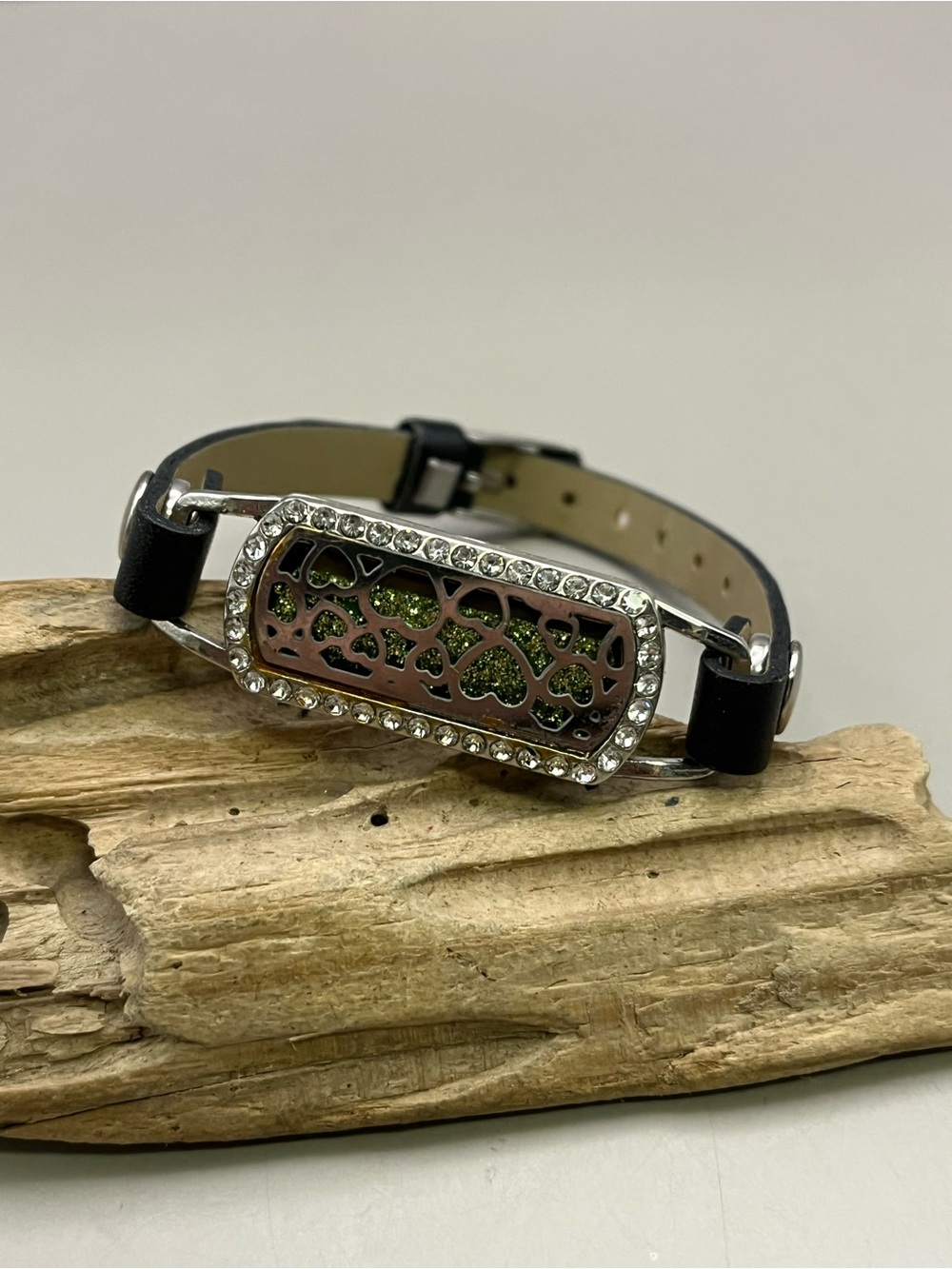 Black Leather Rhinestone Locket Bracelet Heart Cutout Essential Oil Diffuser